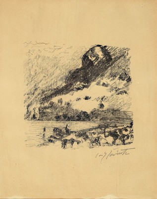 Lovis Corinth, 1858 Tapiau - 1925 Zandvoort,2 Lithografien, a. wl Landschaft am Walchensee, re. unten signiert, Papier gebräunt, l. wasserfleckig ...