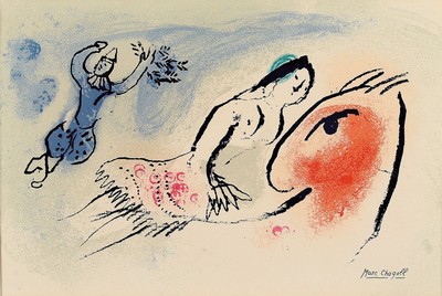 Marc Chagall, 1887-1985, Farblithographie, im Druck signiert, ca. 18x27cm, PP, u.Gl., R. ca. 33x42cm, Glückwunschkarte für Aimé Maeght von 1960 ...