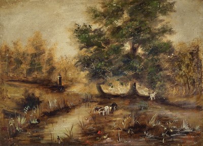F. Weiler, Maler des 19. Jh., Kühe in der Furt, Öl/Lwd, rechts unten signiert, kleinere Altersschäden, ca. 72x98cm, R. ca. 84x110cm