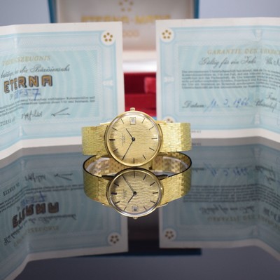 ETERNA-MATIC 3000 nahezu neuwertige Herrenarmbanduhr in GG 750/000 mit Box & Papier Referenz 744, Schweiz um 1965, Automatik, flaches Geh., Boden & ...