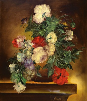 Heinrich Garossa, geb. 1902 Zürich, schweizer Stilllebenmaler, Blumenstillleben mit roten und weißen Pfingstrosen, Mitte unten signiert, Öl/Lwd, ...