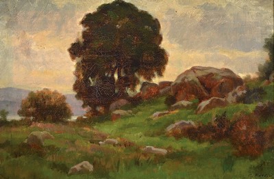 C. Roslin, Maler der 1. Hälfte des 20. Jh., Wiesenlandschaft mit Bäumen und Felsgruppen, Öl/Lwd, rechts unten signiert, rückseitig auf dem ...