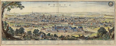 Kupferstich, um 1760-1780, Ansicht von Paris, "Parys wie solche 1602 anzusehen war", im 19. Jh. koloriert, 5-fach gefaltet inkl. Mittelbug, ...