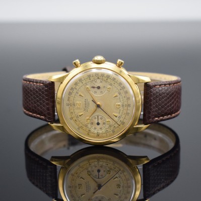NIVADA Schaltradchronograph in GG 750/000, Schweiz um 1950, Handaufzug, 2-tlg. Geh., Boden aufgedr., silb. Zifferbl. pat., gold. Ind. & Zahlen, orig. ...