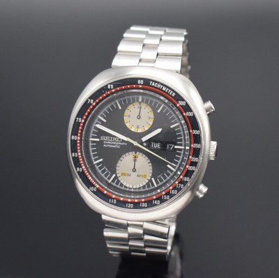 SEIKO Schaltradchronograph in Stahl Referenz 6138-0011, Japan für den deutschen Markt um 1970, Automatik, Boden verschr., orig. Gliederband m. ...