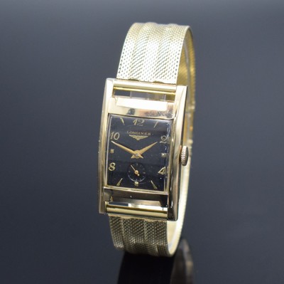 LONGINES Goldfilled Armbanduhr an GG 585/000 Band, Schweiz/USA um 1950, Handaufzug, Boden aufgedr., schwarzes Kontrastzifferbl. rest., kl. Sek. ...