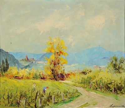 Robert Lauth, 1896 - 1985 Ludwigshafen, "Blick auf die Limburg", idealisierte Darstellung, im Vordergrund: Winzer im Wingert, im Dunst ...