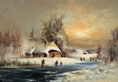 Gunter Seekatz, geb. 1928 Langenberg, Besuch der Kunsthochschule Folkwang, Eisvergnügen, nach niederländischem Vorbild, atmosphärische ...