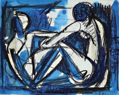 Otto Ditscher, 1904 Neuhofen - 1987 ebenda, Paar Frauenakte, Komposition in blau, Aquarell/Bleistift auf Papier, rechts unten signiert u. datiert ...
