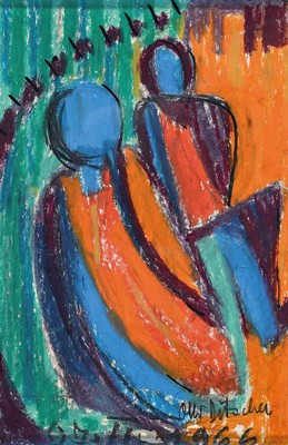 Otto Ditscher, 1904 Neuhofen - 1987 ebenda, Figurengruppe in kräftigen Kontrastfarben, Pastell/Papier, signiert u. datiert 1966, unter Glas gerahmt, ...