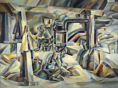 Unbekannter bulgarischer Künstler des 20.Jh. , kubistisch-futuristische Komposition im Stile Georges Braques, Darstellung eines Künstlerateliers, ...