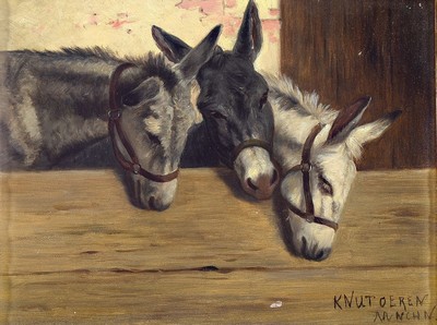 Knut Oeren, Münchener Maler und Grafiker, um 1900, drei Esel schauen über den Zaun, Öl/Holz, rechts unten signiert, kleine Farbfehlstelle unten, ...