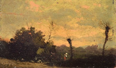 Unbekannter Künstler, Schule von Barbizon, Frankreich, um 1900, Abendrot über Baum bestandener Landschaft, eine Bäuerin auf dem Heimweg, Öl/Holz, ...