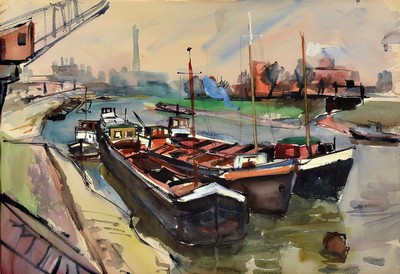 Paul Löffler, 1938-1995 Mannheim, Lastkähne im Rheinhafen, Aquarell auf Papier, ca. 47x68cm, PP, u.Gl., R. ca. 72x91cm