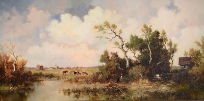 Ernst Bröcker, 1893-1963 München, Weidende Kühe im Dachauer Moos, im Hintergrund ein Dorf, Öl/Lwd, links unten signiert, ca. 60x120cm, R. ca. ...