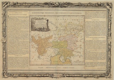 Kupferstichkarte von Louis-Charles Desnos, Paris, 1725-1805, Blick auf Österreich und umliegende Gebiete, mit ausführlichen Beschreibungen links ...