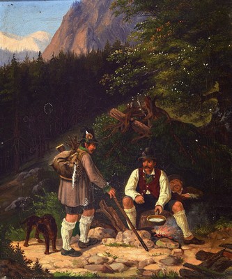Unbekannter Künstler, datiert 1851, drei Jäger oder Wilderer am Lagerfeuer, Öl/Lwd, lasierende Malerei mit großer Varianz in den Grüntönen, ...