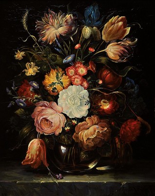 Reinhard Michel, geb. 1920, Traditionalist, üppiges Blumenstillleben im Stil der alten flämischen Meister, Öl/Holz, rechts unten signiert, ca. ...