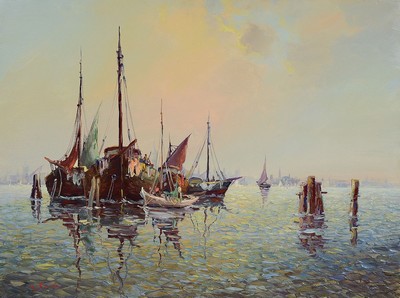Carol Sprée, geb. 1907, Fischerboote vor dem Hafen, Öl/Lwd, expressive Malerei mit kräftigem Pinselduktus und pastosem Farbauftrag, links unten ...