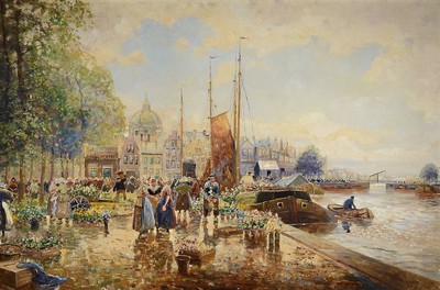 Franz Max Richter-Reich, 1896 Berlin-1950 Hamburg, Holländischer Blumenmarkt an der Gracht, Öl/Lwd, rechts unten signiert, ca. 80x120cm, R. ca. ...