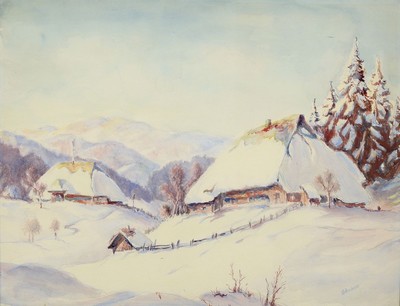 Schubert, Maler der 1930er/1940er Jahre, Häuser im Schnee, Aquarell über Bleistift auf Papier, rechts unten signiert, ca. 46x 60cm, u.Gl., R. ca. ...