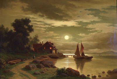 L. Schmitz, deutscher Maler der 2. Hälfte des 19. Jh., Vollmond über einer Küstenlandschaft mit Fischerboot und beleuchtetem Haus, Öl/Lwd, links ...