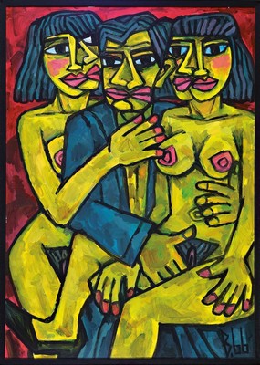 Berutscha (Guarmi Hagemann), 1945 - 1913, erotisches Aktgemälde mit drei Personen, Öl/Malplatte, dieses erotische Aktgemälde des bekannten und ...