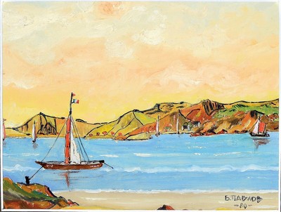 Boris Pavlov, 1928-2005, "Golf von Lion kleine Bucht an der Küste", Öl/Karton, verso bezeichnet mit Nachlassnummer 36-2718, signiert in ...