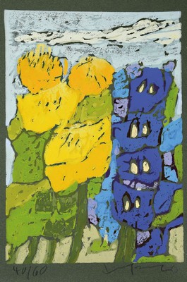 Klaus Fussmann, geb. 1938 Velbert, Farblinolschnitt, Blumen im Garten, sign., num. 40/60, ca. 36x26 cm
