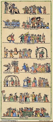 August Croissant, 1870 Landau-1941 Edenkoben, "Pälzer Kerwezug", kolorierte Lithographie, humoristische Darstellung eines Pfälzer ...