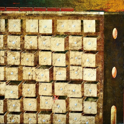 Angelo Palazzini, geb. 1953 Casalpusterlengo/Italien, Cassetti con paesaggio al tramonto, surrealistische Komposition in der Tradition der ...