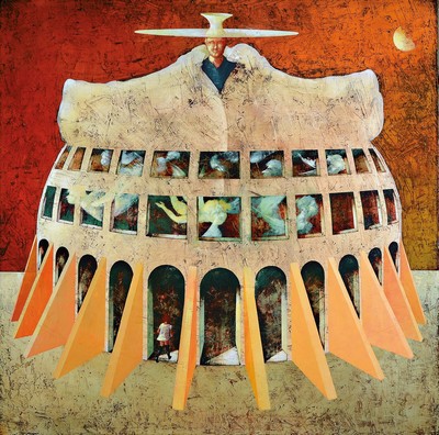 Angelo Palazzini, geb. 1953 Casalpusterlengo/Italien, Gli Angeli, surrealistische Komposition, in der Tradition der Bildfindungen Hieronymus Boschs, ...