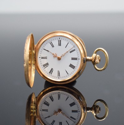 Damensavonette in GG 585/000, Schweiz um 1870, 2 Deckel Goldgeh. dell., Sprung- & Rückdeckel floral grav., Metallcuvette, Emailzifferbl. m. röm. ...
