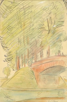 Albert Haueisen, 1872 Stuttgart-1954 Kandel, Brücke im Park, Aquarell über Bleistift, signiert, ca. 25x16.5cm