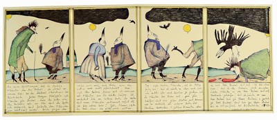 Horst Janssen, 1929-1995, 2 Leporellos: An einem Herbstmorgen traf der Stachus Münster den Has Bodoni..., Farboffset, je vier Seiten, auf dem ...