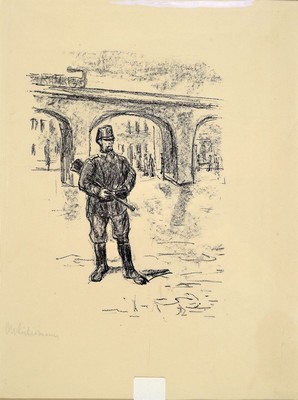 Max Liebermann, 1847-1935 Berlin, 2 Grafiken: Profilporträt W. v. Bode, Radierung, Verlag Seemann, stockfleckig , ca. 23x18cm; Wache haltender ...