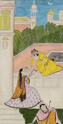 2 Buchmalereien, indo-persisch, 19. Jh., Gouache auf Papier, 1x Palastszene, ca. 26x15 cm, 1x zwei erotische Darstellungen, gebräunt, fleckig, ca. ...