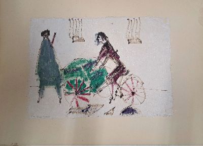 Unbekannter zeitgenössischer Künstler, Die Radfahrerin, Aquarell und Filzstift auf dünnem Japanpapier, links unten betitelt, rechts unten ...