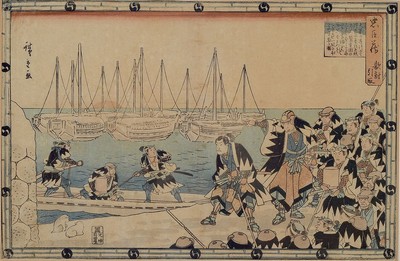 Japanischer Farbholzschnitt von Hiroshige, um 1860, vielfigurige Szene am Hafen, gebräunt, ca. 23x34cm, PP, u.Gl., R. ca. 43x53cm