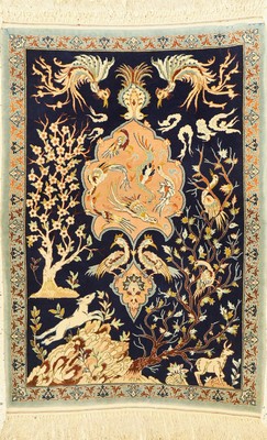 Esfahan fein, Persien, ca. 60 Jahre, Korkwolle auf Seide, ca. 100 x 70 cm, EHZ: 2, (leichte Mottenfrass an den Rändern), ca. 1 Mio Kn/qm.