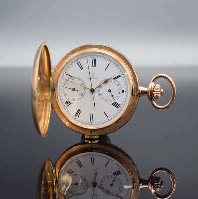 OMEGA Herrensavonette mit Chronograph in RoséG 585/000, Schweiz um 1915, 3 Deckel- Goldgeh. l. dell., Emailzifferbl. m. röm. Zahlen, gold. & gebl. ...