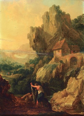 Unbekannter Künstler des 17.Jh., zwei Fischer am Gebirgsbach, emporragende Berglandschaft, mittig horizontaler Bruch verklebt u. verzinkt, rest., ...