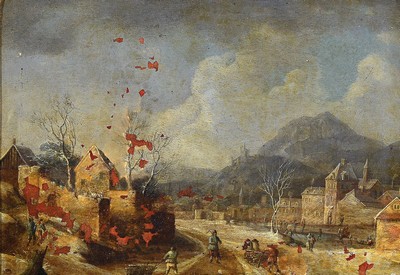 Niederländischer Meister, um 1680/1710, Winterlandschaft mit reicher Personenstaffage und Stadtansicht, stärkere Farbabblätterungen, ...