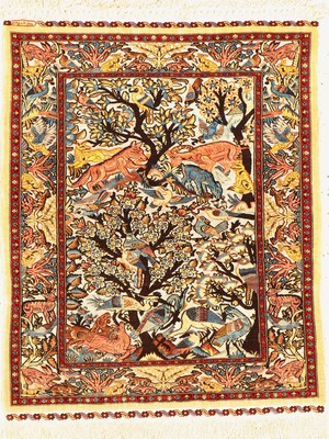 Feiner Seiden Hereke(Metallbroschiert), Signiert, Türkei, um 1960, reine Naturseide, ca. 83 x 67 cm, ca. 1 Mio Kn/qm, EHZ: 2(guter Zustand).