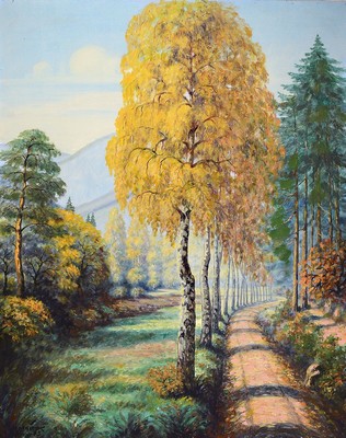 P. Heieck, datiert (19)73, herbstliche Landschaft, in die Tiefe fluchtender Weg von Birken bestanden, links unten signiert u. datiert 73, ...