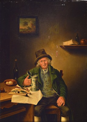Thirfelder, deutsch, um 1820/30, Brotzeit mit Walzenkrug, gekonnte Wiedergabe von Mimik u. Details, Öl/Holz, rechts unten signiert, rest., R., ca. ...