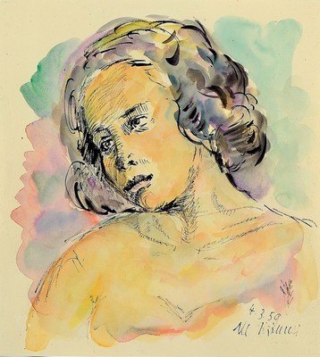 Michaela Krinner, 1915 - 2006, Aquarell und aquarellierter Linolschnitt, a. Aquarell, Porträt einer jungen Frau mit dunklem Haar, li. u. signiert, ...