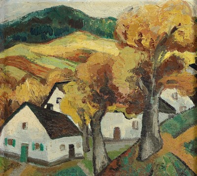 Fritz Schaefler, 1888 Eschau/Spessart - 1954 Köln, Dorfansicht, expressiv-gestische Auffassung, pastoser Farbauftrag mit breitem Strich, Öl/Lwd, ...