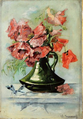 A. Heidenreich, um 1900/10, Stillleben mit Mohnblumen in grüner Vase, im Vordergrund Libelle, Öl/Lwd, l. Alters- und Gebr.-schäden, 47 x 33 cm, l. ...