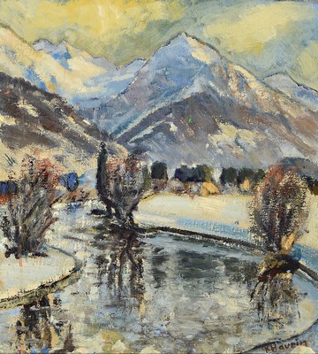 K. Haurin, 20/30er Jahre, Winterlandschaft, partielle Gestaltung unter Verwendung d. Leinwandstruktur, Öl/Lwd, rechts unten signiert, R., 50 x 45 ...